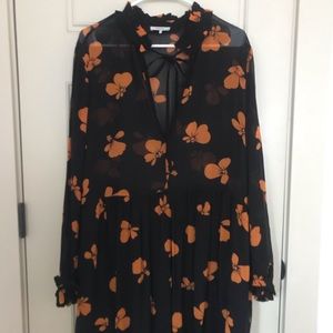 Ganni black & orange shift/tiered dress with tie